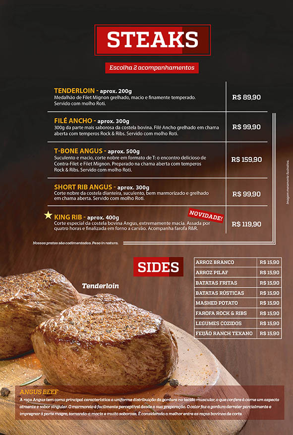 Steaks e acompanhamentos do cardápio oficial de Volta Redonda